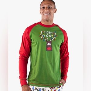 Lazy One NWT! Unisex Green Red Tee Lights Out Long Sleeve Pajama Top Size Xs